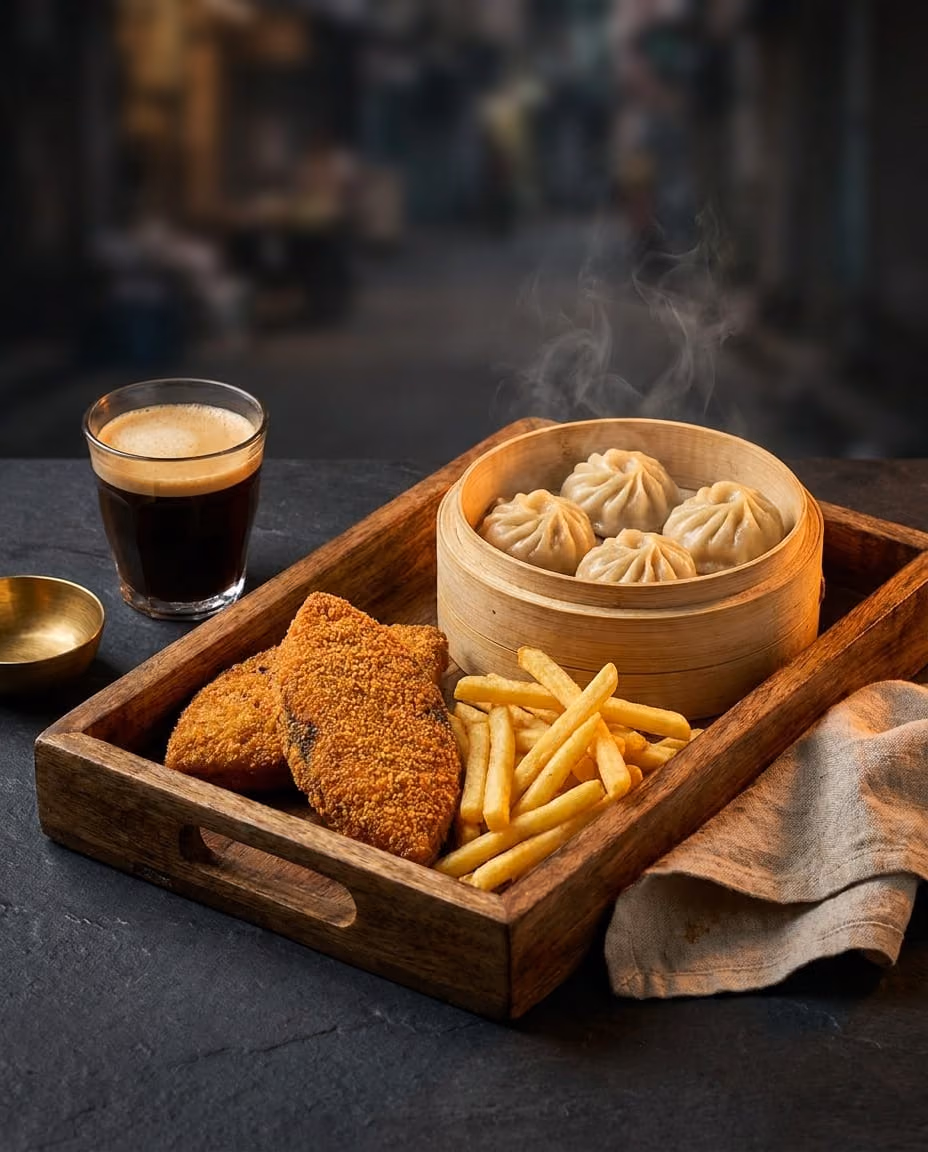 Bhetki Fish Fry Combo — The North Kolkata power lunch: shattering bhetki, hot fries, four momos and the ₹20 legend to finish.