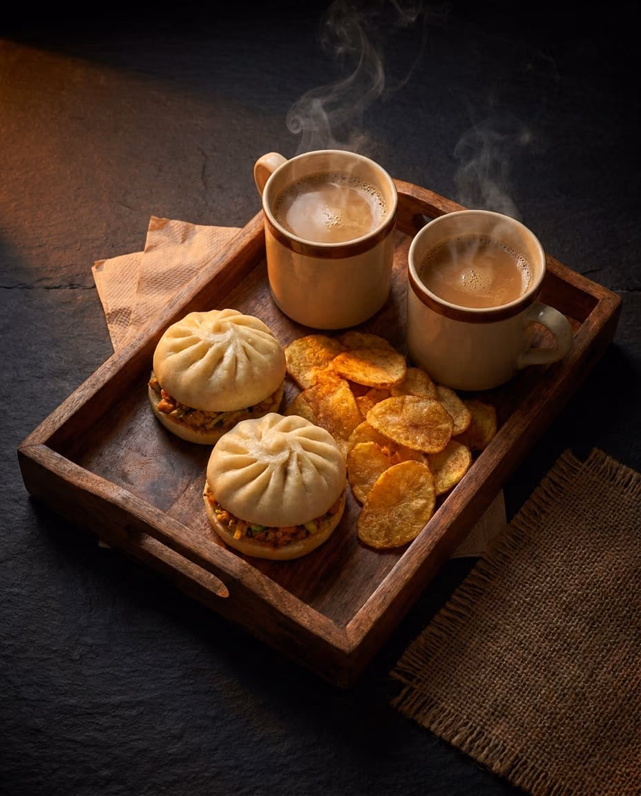 Burger Combo — Two momo burgers, chips and coffees for two — a date plan that costs less than the auto ride.
