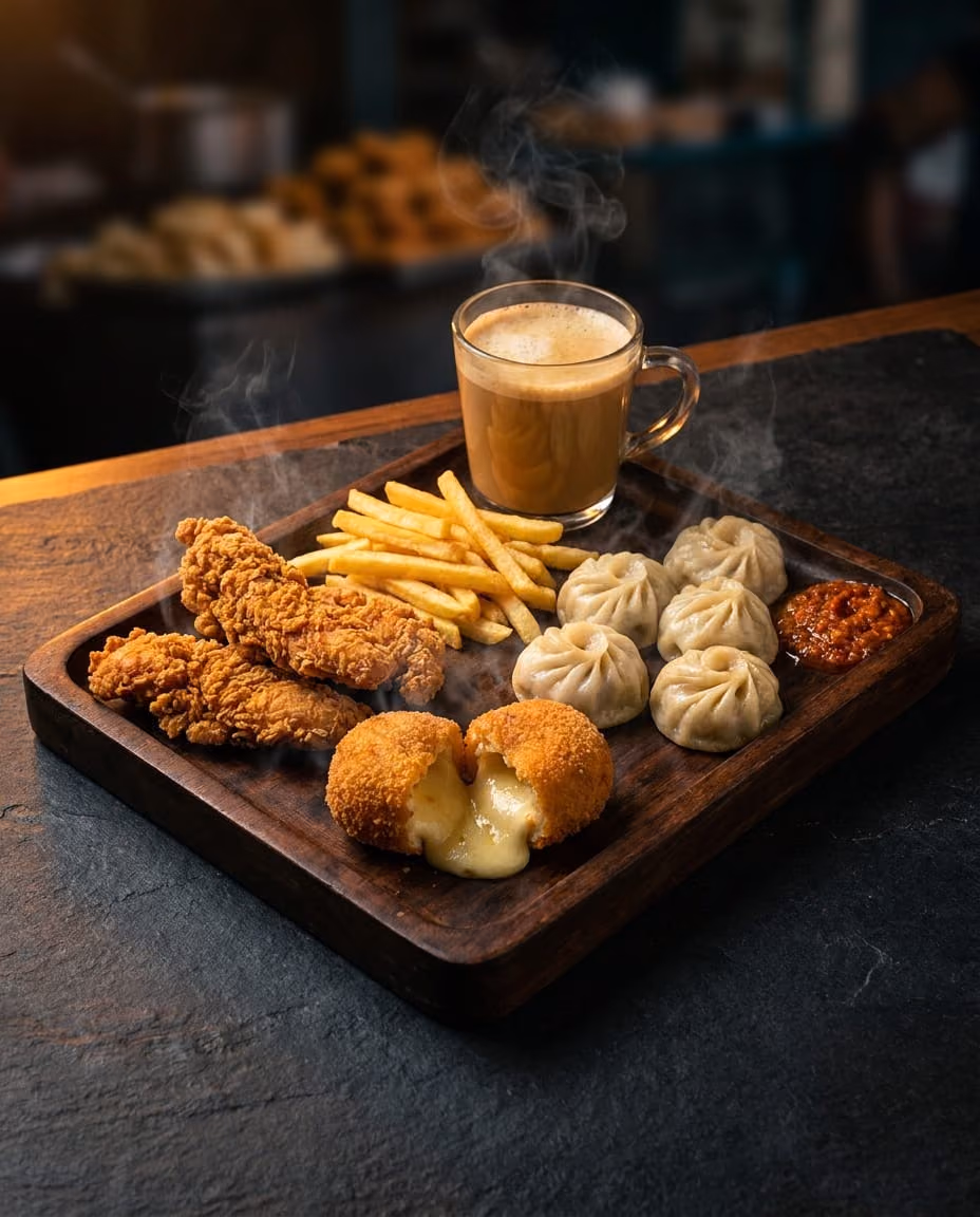 Crispy Chicken Combo — Strips, bombs, fries, momos, coffee — a full crunch orchestra with a molten cheese solo.