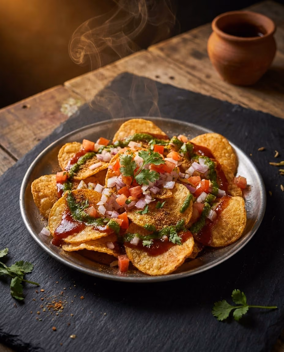 Chips Chaat — Crisp chips lovingly drowned in masala, onion and chutney. The crunch fights the sauce; everybody wins.