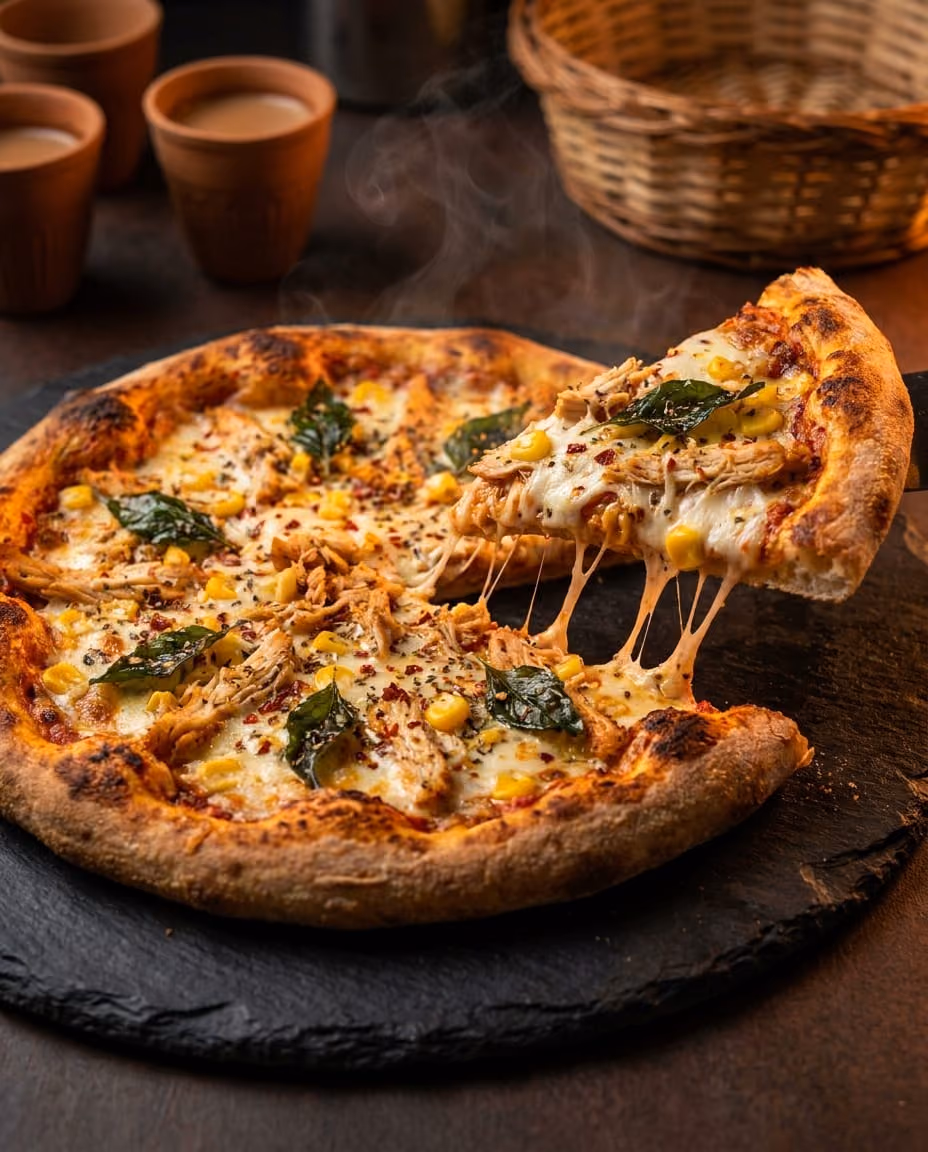 Crispy Chicken Pizza — Shredded chicken, molten mozzarella, corn and a confetti of chilli flakes on a crackling base. Hot, crispy & oh-so good.