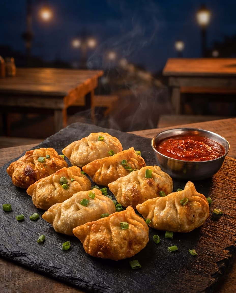 Fried Momo — Same soul as the steamed one, but it went and got itself a golden jacket. Crunch first, juice second, chutney always.