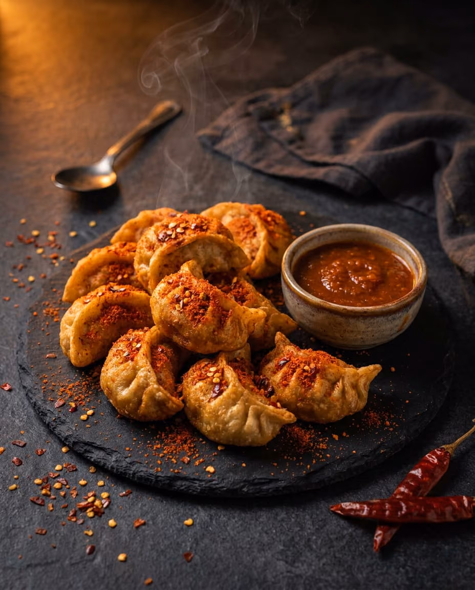 Peri Peri Momo — Dusted head to toe in peri peri that means business. For the friend who says "ঝাল কম" — order them the steam one.