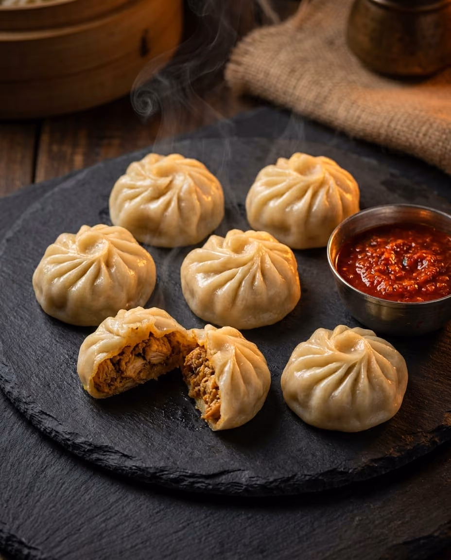 Steam Momo — Pillow-soft skins, juicy chicken hearts, and a red chutney that doesn't believe in warnings. Shyambazar's five-minute vanishing act.