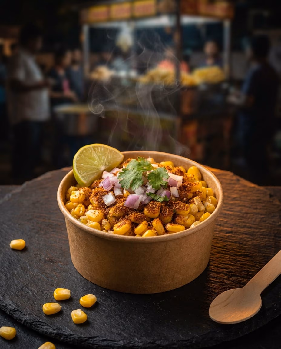 Sweet Corn Chaat — Buttered corn, chaat masala, a squeeze of lime and a little drama. Sweet, tangy, and gone before the momos arrive.